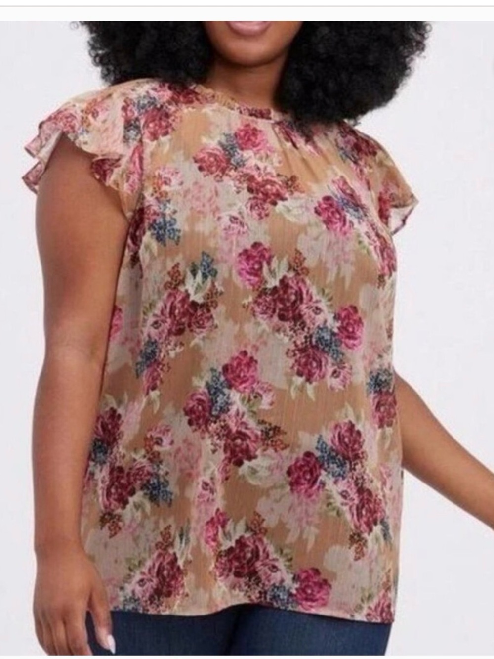 Torrid Floral Brown‎ Semi Sheer Crinkle Chiffon Flutter Blouse Sz 4